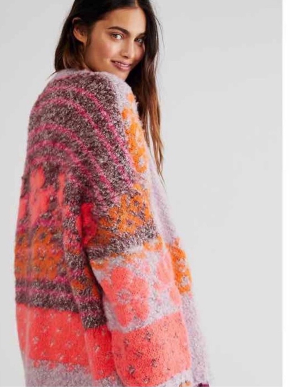 Free People Textured Floral Cardigan in Pink, Lavender & Orange - Picture 3 of 9